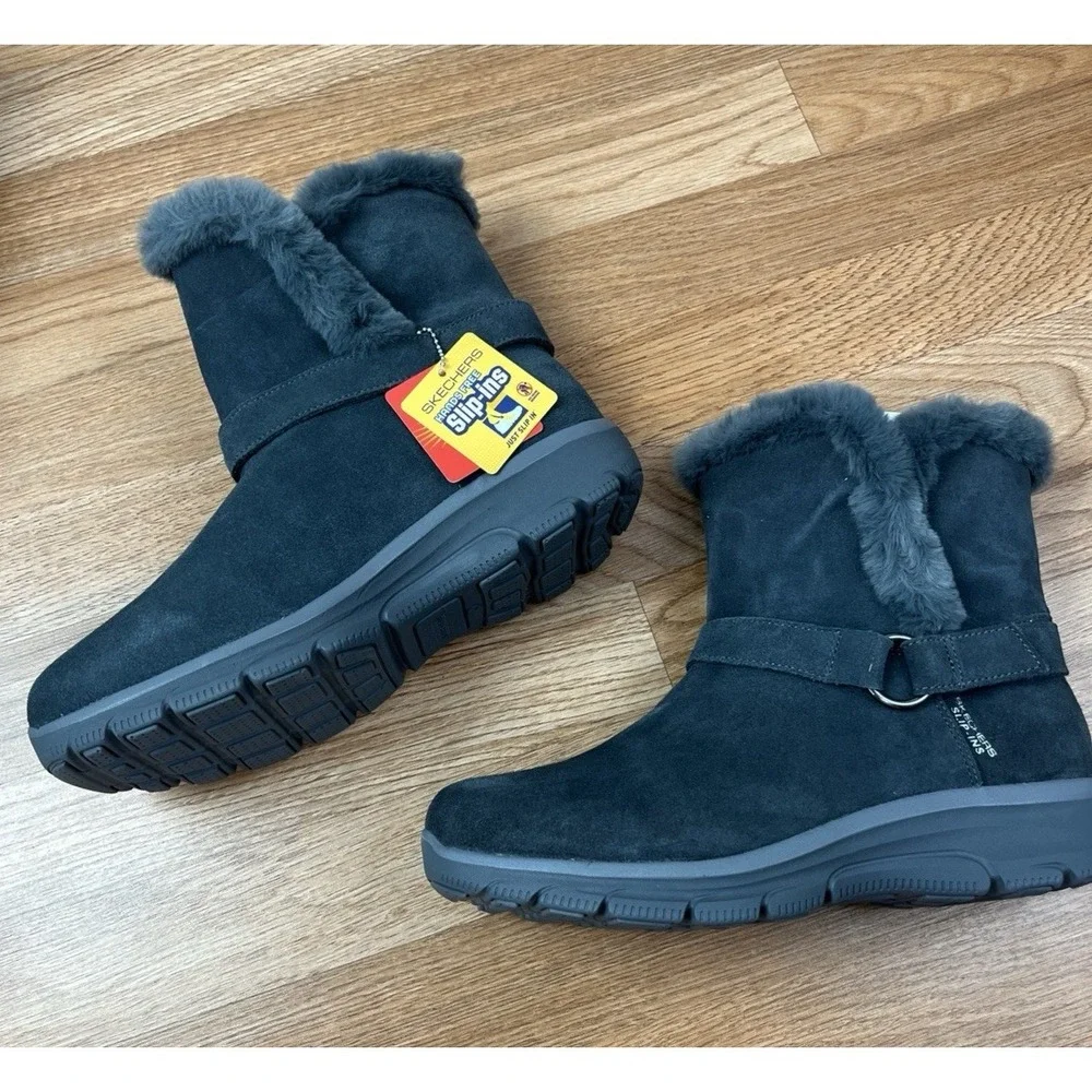 Skechers Slip-ins Easy Going Water-Repellent Suede Boots Grey Womens 10 Wide NEW